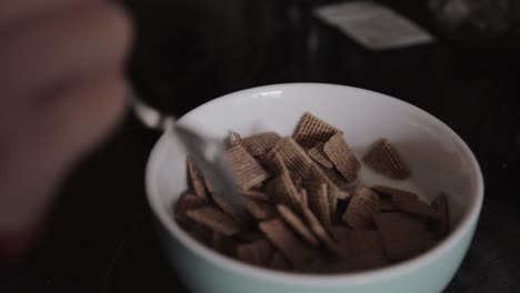 canadá - mezclando cereales y leche fresca en un tazón usando una cuchara - toma de primer plano