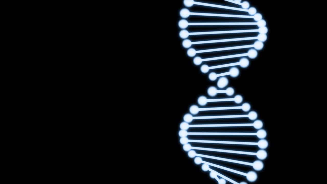 2D animation of glowing DNA composed of particles on a black background. 60FPS. The subject is on the right.