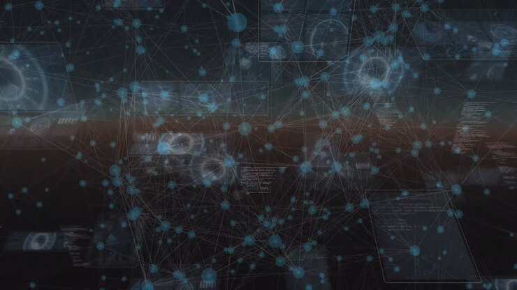 Animation of network of connections and data processing on black background