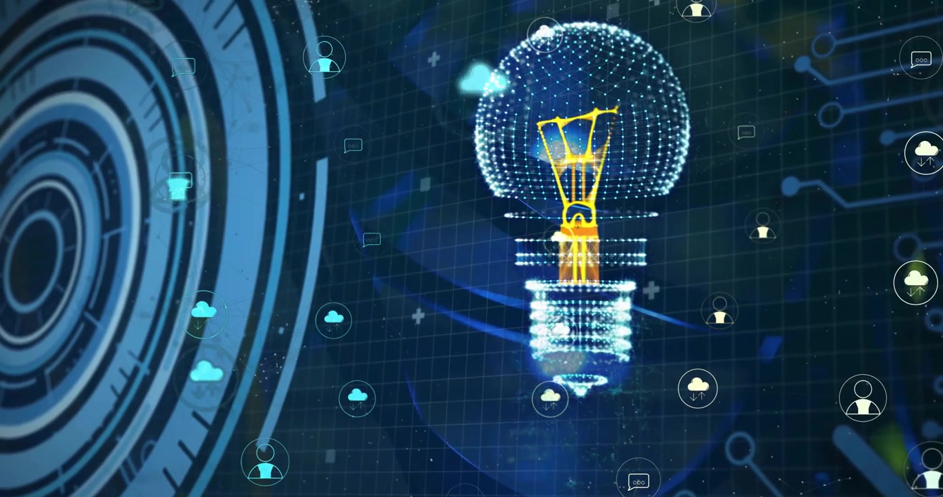 Animasi bola lampu digital dan ikon media di atas pemindaian lingkup dan pemrosesan data.