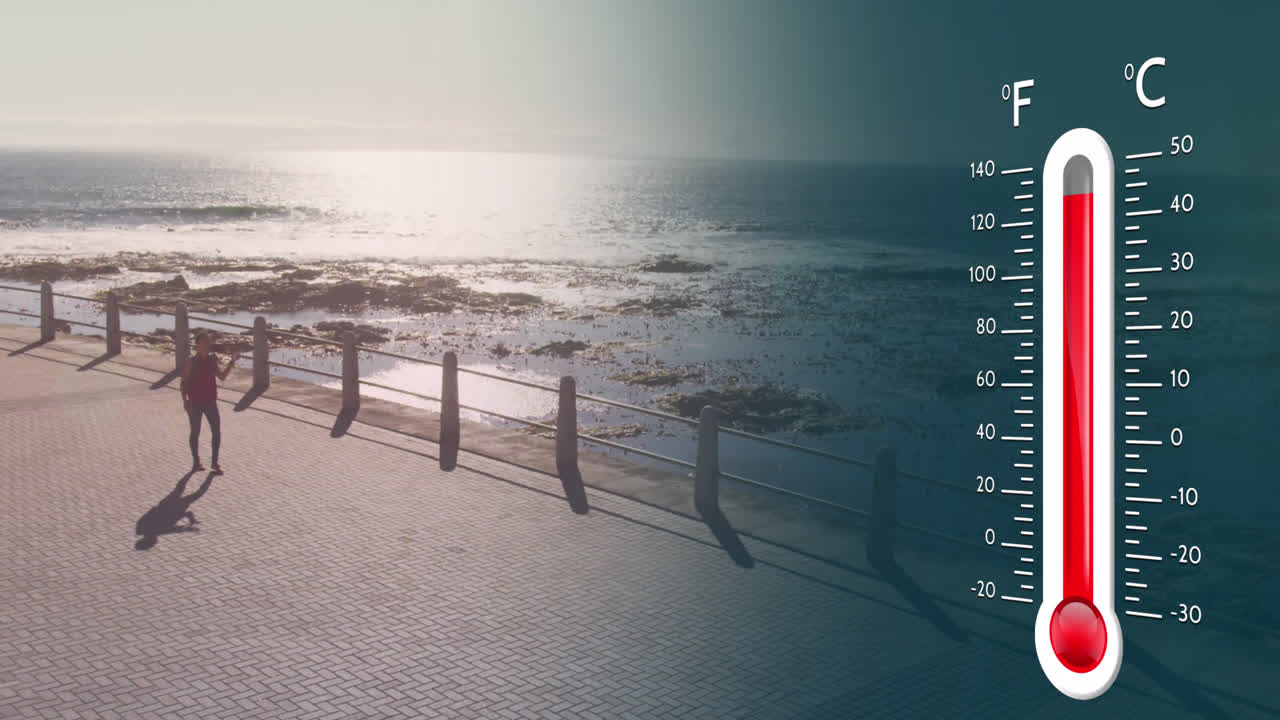 해양 풍경 위의 디지털 온도계 애니메이션