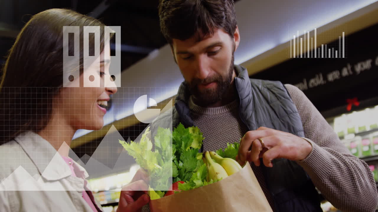 Charts and graphs animation over couple grocery shopping and examining produce