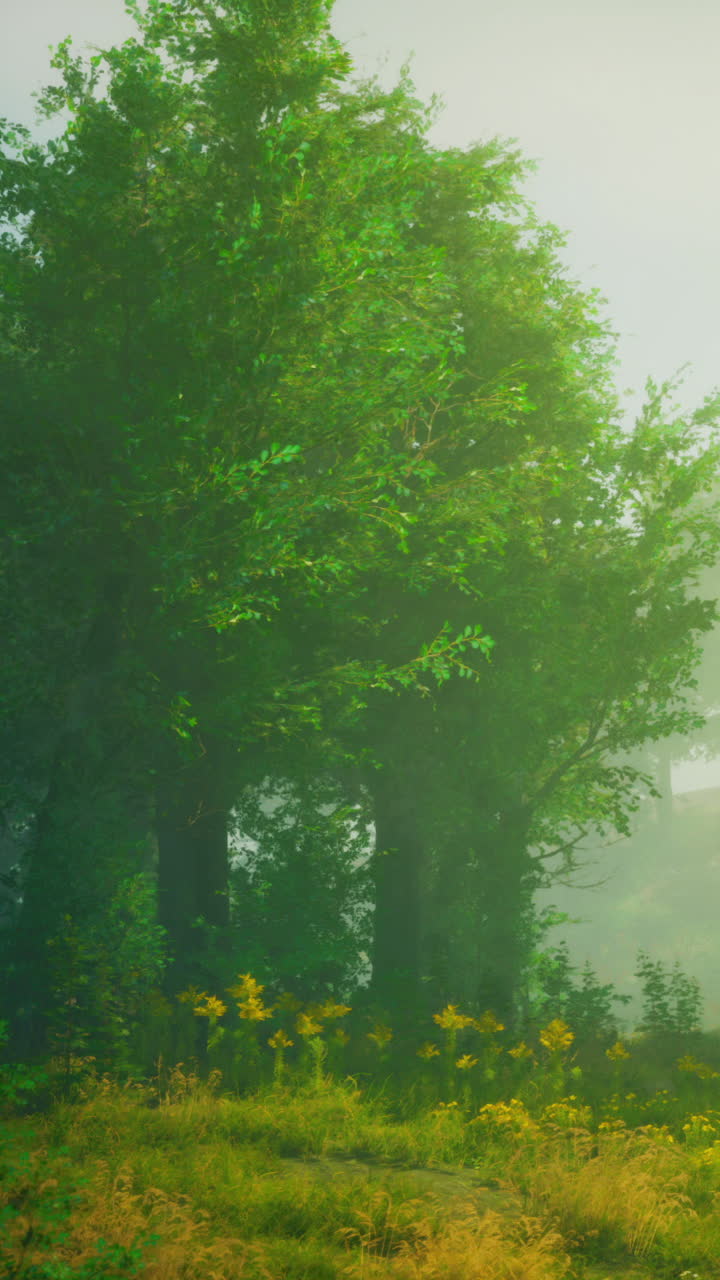camino de bosque brumoso con flores amarillas