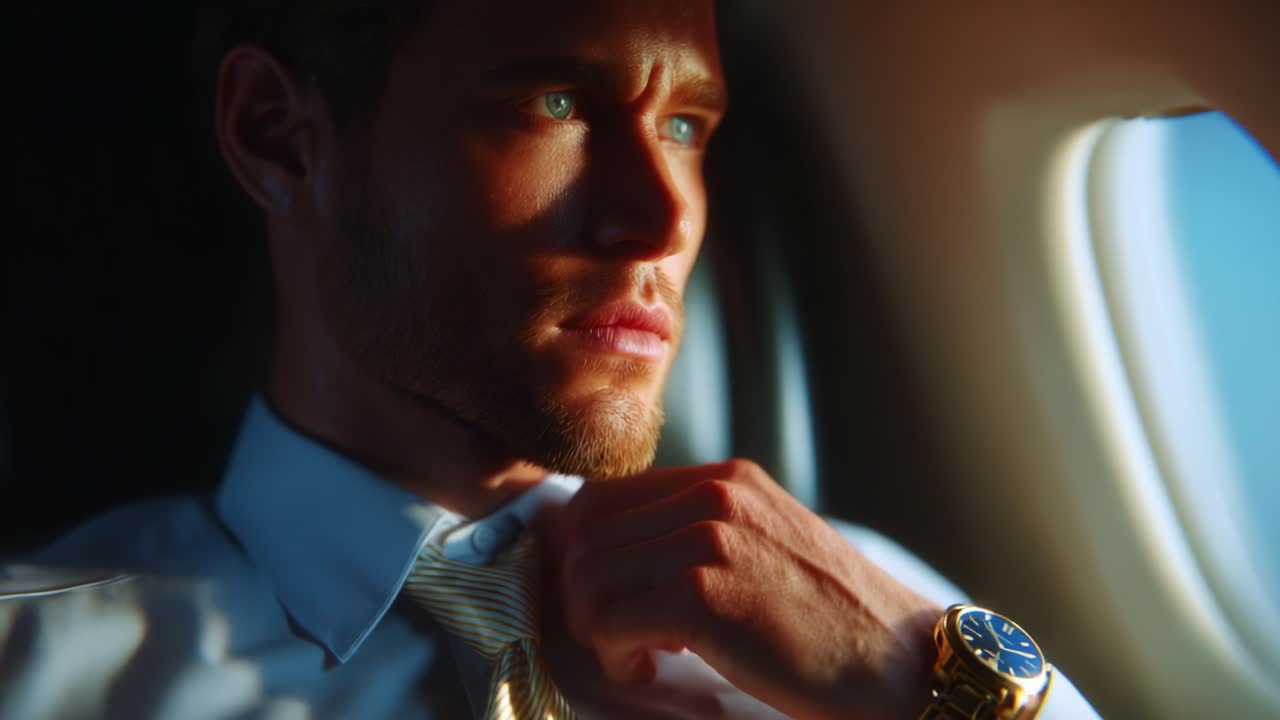 A Thoughtful Traveler's Reflection: Capturing the Intensity of a Moment as a Well-Dressed Individual Adjusts His Tie While Gazing Out of an Airplane Window, Lost in Contemplation