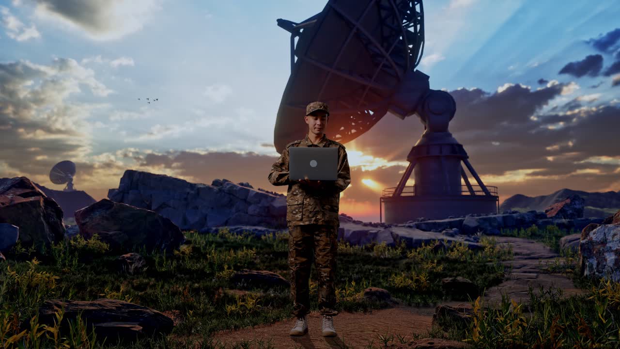 Full Body Of Asian Man Soldier Using A Laptop While Standing With Satellite Dish