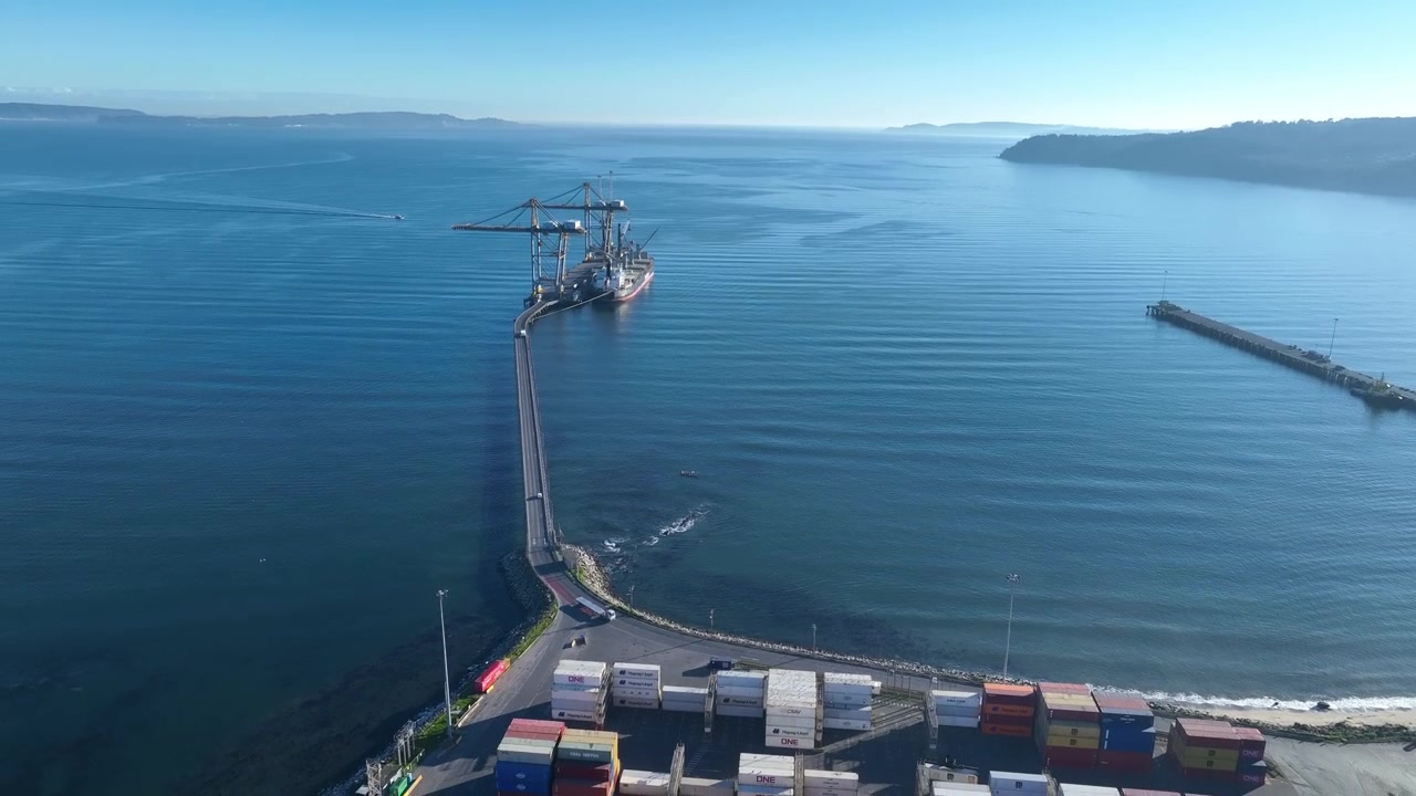 Volo in allontanamento sopra un lungo molo e un terminal di carico per navi mercantili accanto a container impilati in una baia calma. Lirquen, Penco, Cile