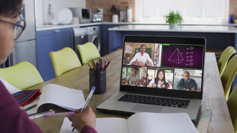 Animation-of-african-american-girl-having-online-lessons-on-laptop-at-home