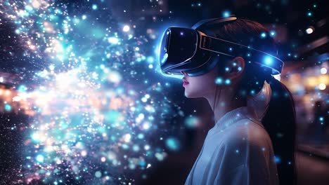 A woman wearing a virtual reality headset is looking at a screen with a blue background. The scene is set in a dark room with a few lights on. The woman is in a futuristic or sci-fi setting