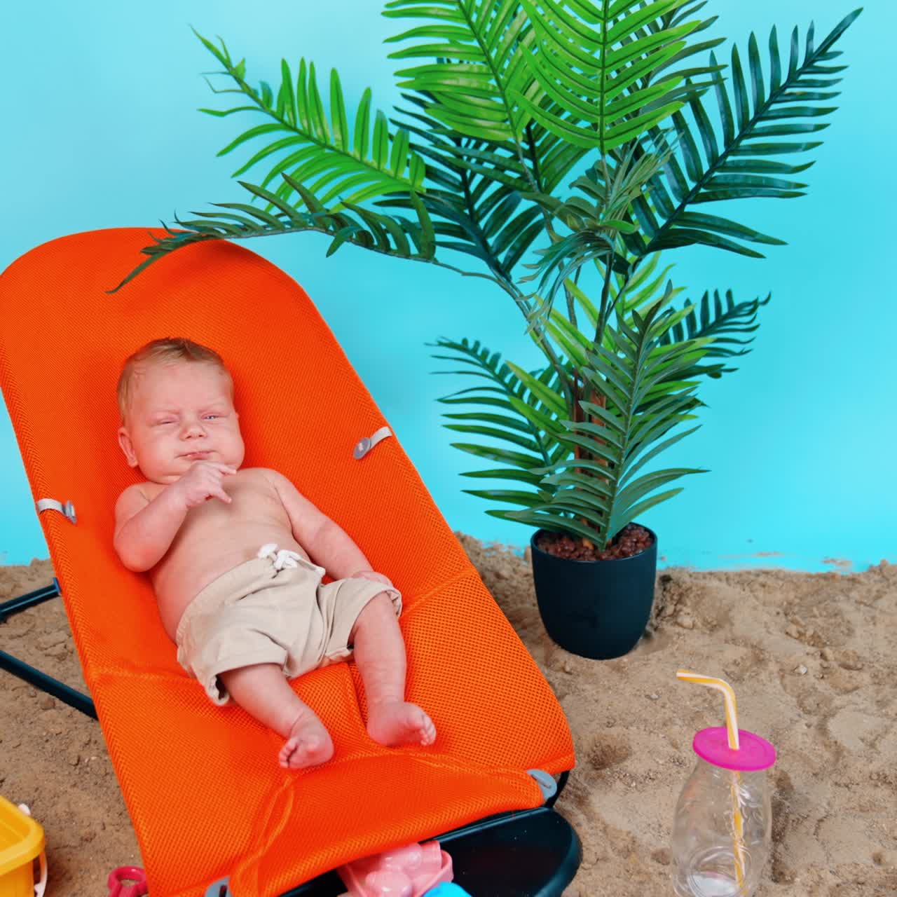 Cute Caucasian infant wearing beige shorts only lies in a baby chair. Little kid starts to cry. Improvised beach vacation concept