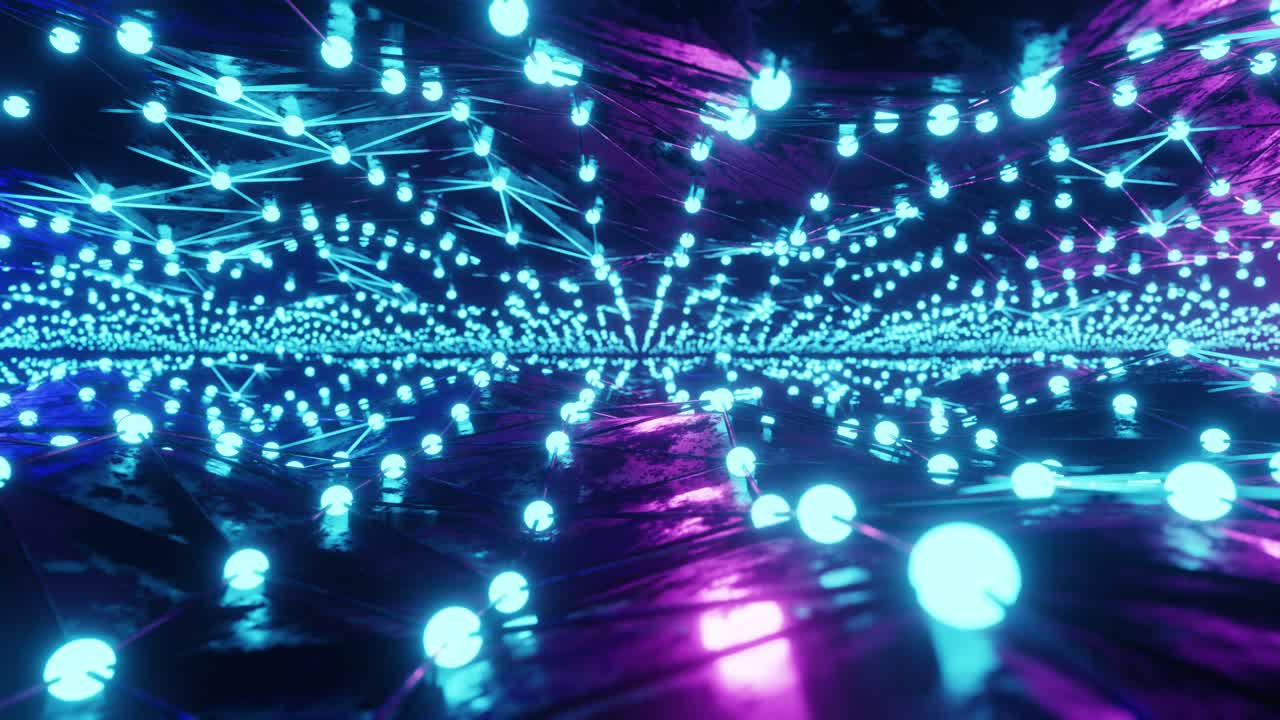 3D render animation of tunnel with blue geometric neon illumination