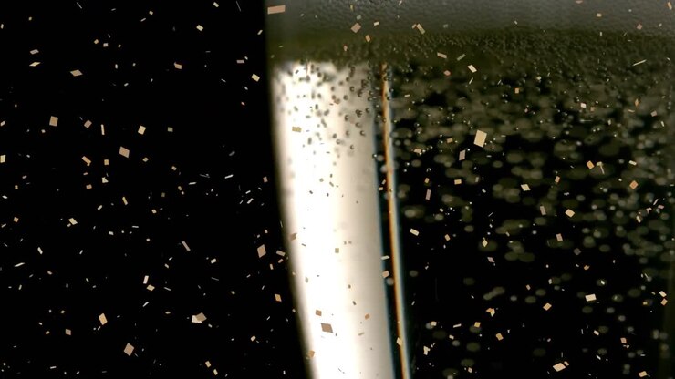 Animazione di coriandoli che cadono e bollicine che salgono in un bicchiere di champagne su sfondo nero.