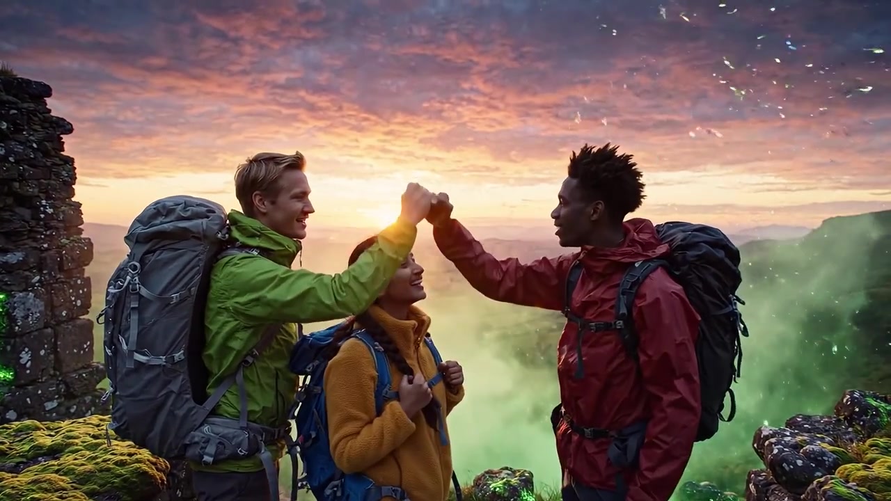 Un momento trionfale: Tre escursionisti celebrano un magnifico tramonto dopo una giornata gratificante di esplorazione nello scenario mozzafiato della natura