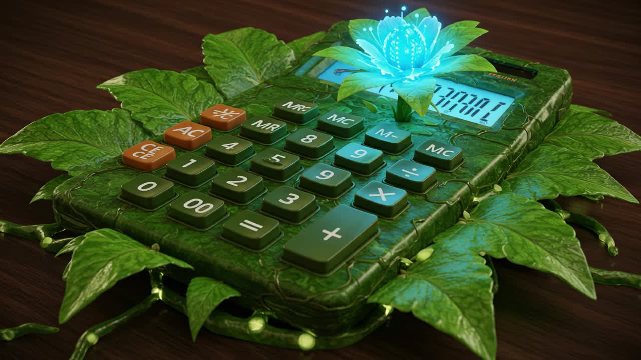A Calculator Transformed: Nature's Touch with Vivid Greenery and a Radiant Blossom Inspiring a Fusion of Technology and Organic Beauty