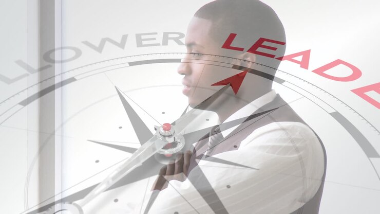 Follower leader compass over thinking man.