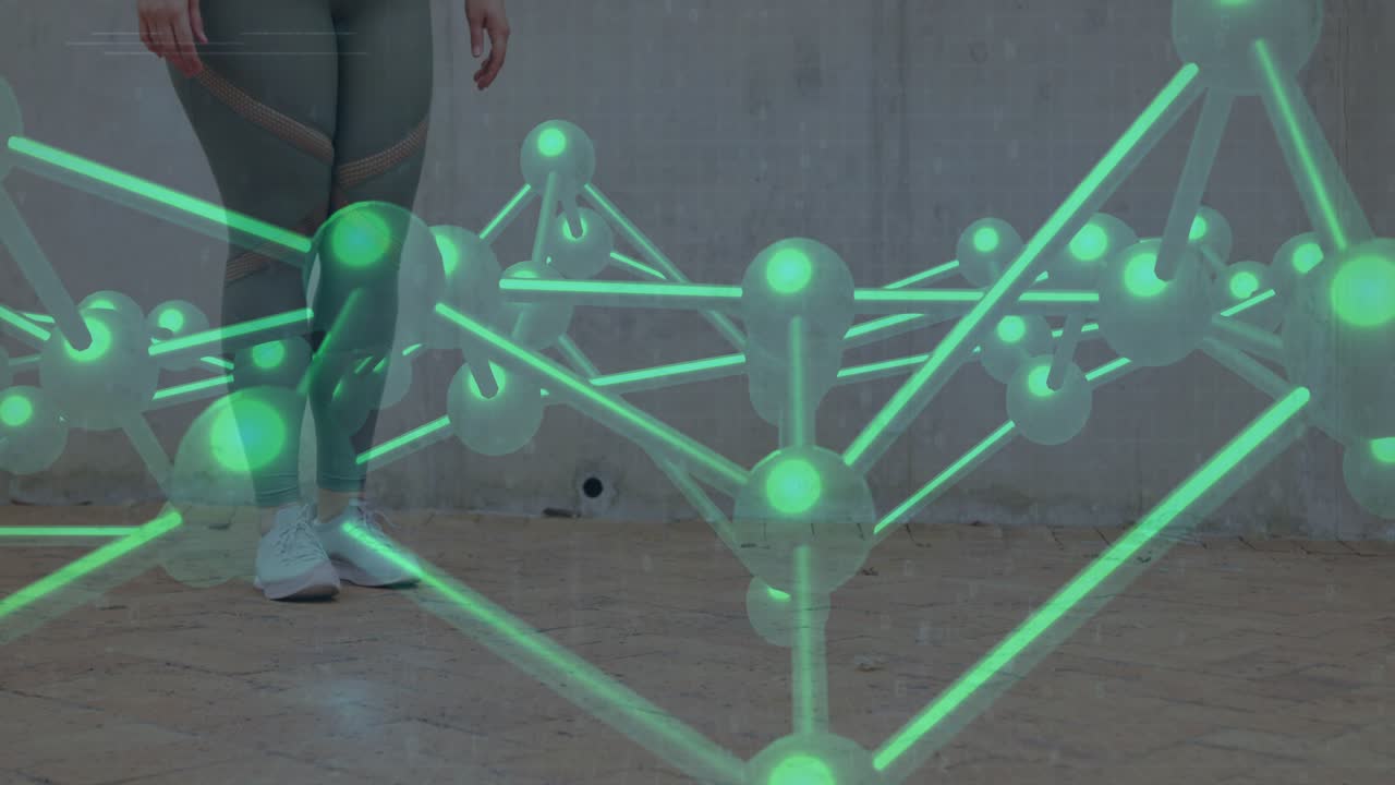Woman stepping into lunge for fitness, green network overlay shifting over legs, highlighting watch