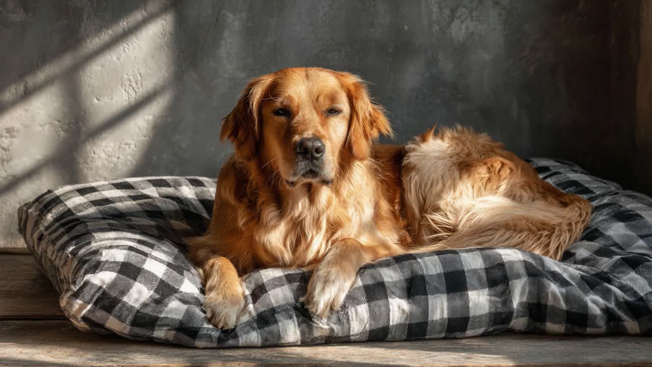 A Relaxed Golden Retriever Enjoys the Warm Sunlight While Lounging on Its Cozy Bed, Displaying a Tranquil and Comfortable Atmosphere in a Modern Room