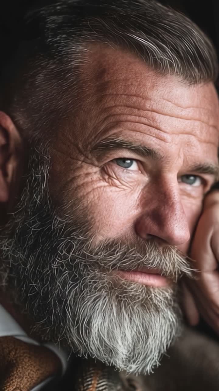 Ritratto intenso di un uomo maturo con una barba elegante e un'espressione pensierosa, che cattura l'umore e il carattere attraverso i suoi tratti dettagliati e la prospettiva unica.