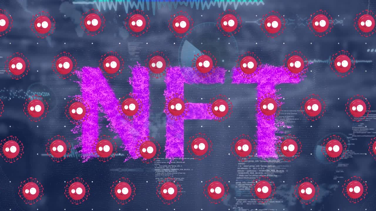 animación de celdas que caen y texto nft en fondo oscuro