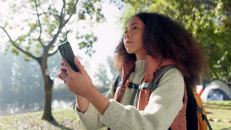 Phone,-nature-and-woman-camping