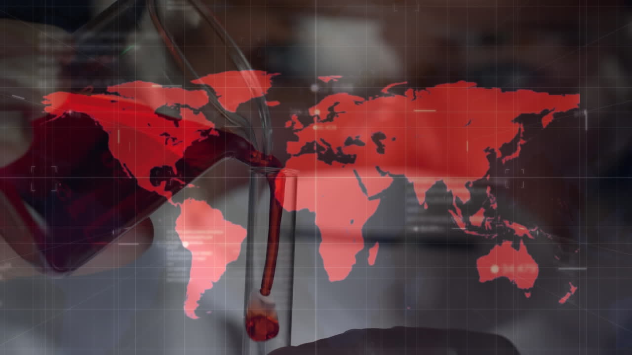 얼굴 마스크를 입은 과학자 위에 세계 지도의 애니메이션