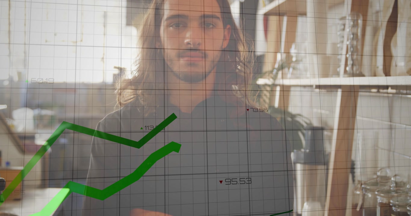 Grid appearing, man relaxing and camera framing rising in kitchen, green charts animating for data