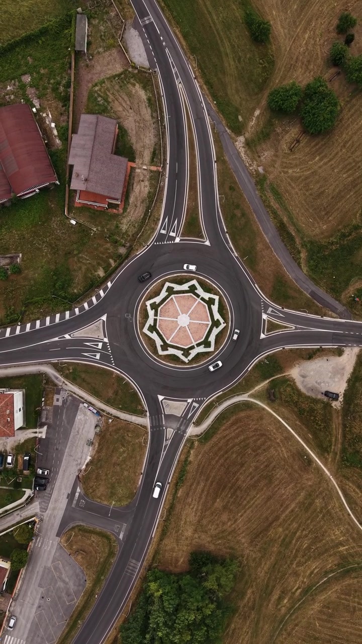 Vertical Drone Shot of Roundabout Traffic, Top Down Aerial View