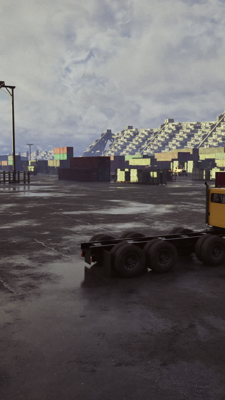 Truck moving through a busy cargo yard during overcast weather