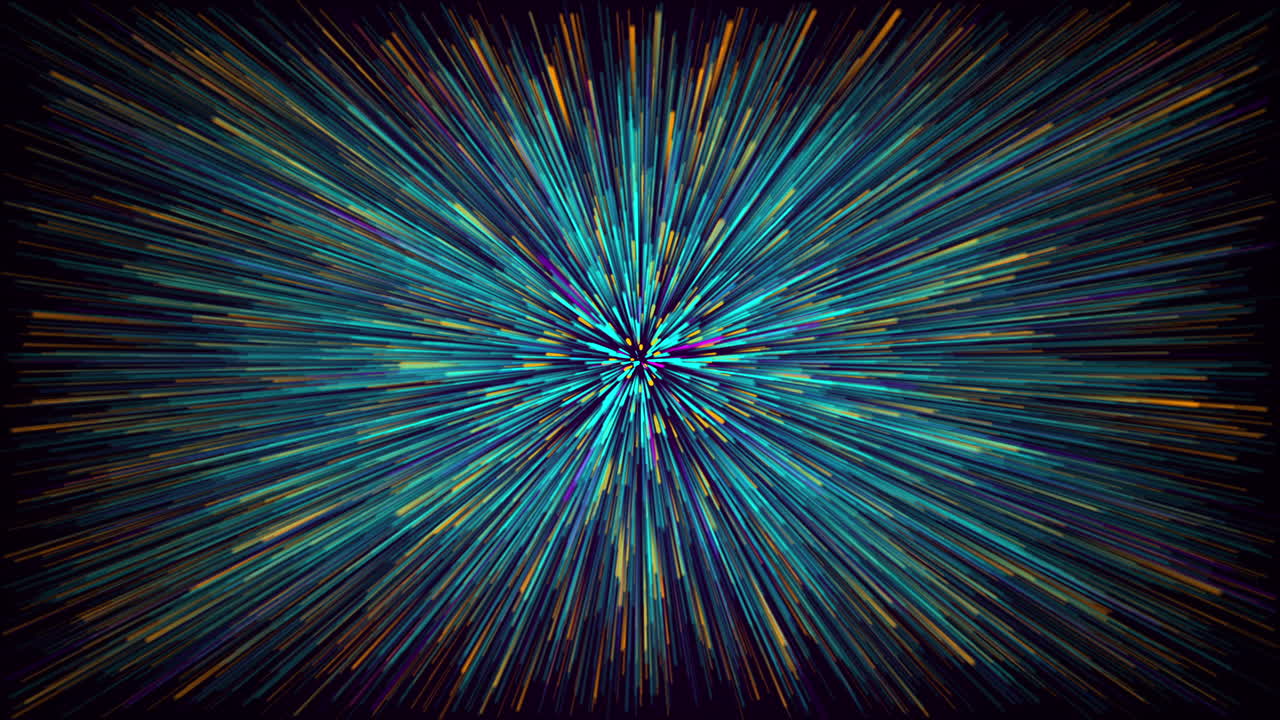 Abstract cosmic dark background with fast moving neon particles. Flash with colored glowing rays. Looped animation.