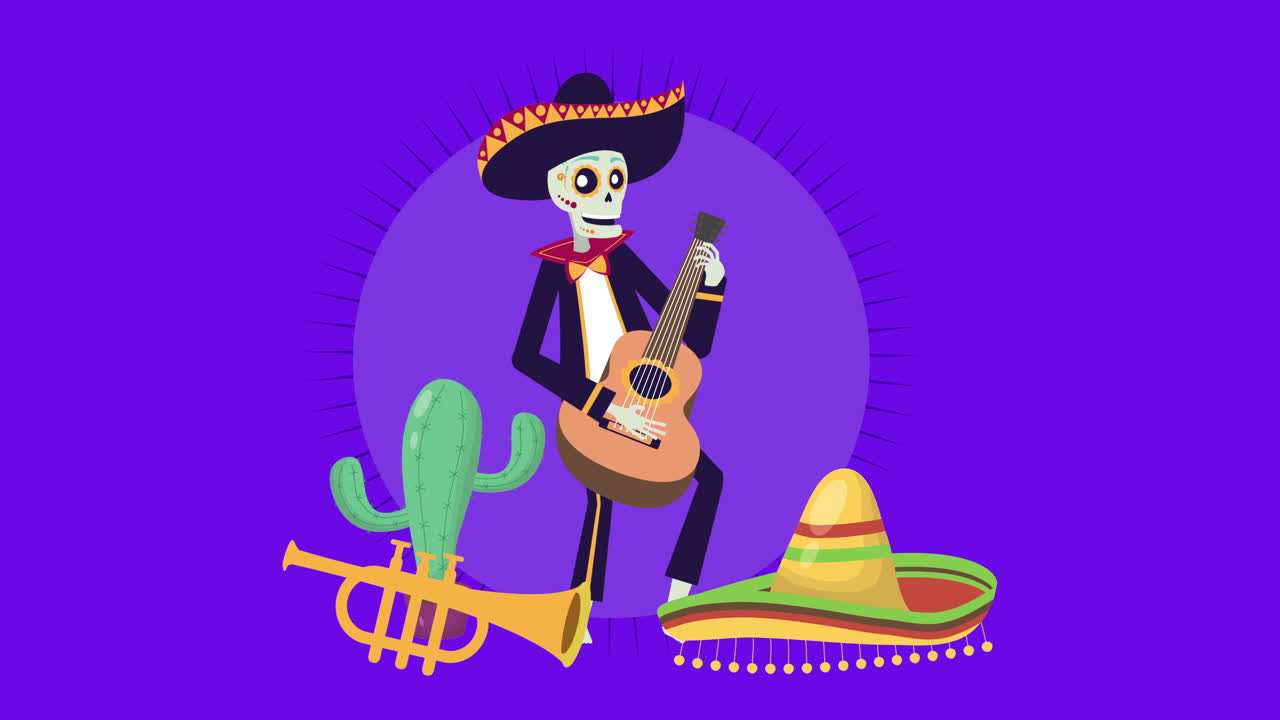animazione viva mexico con skull mariachi che suona la chitarra