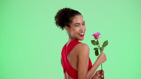 woman in red dress with rose