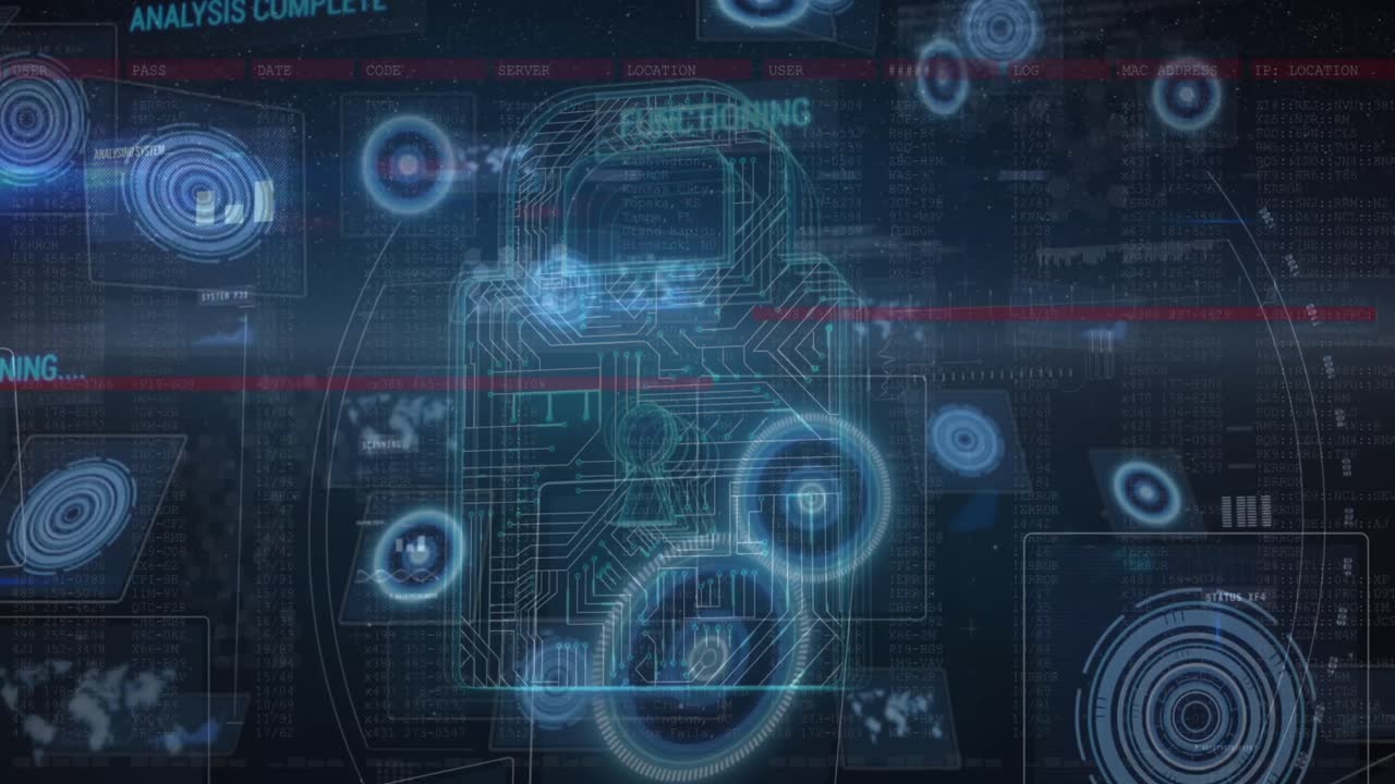 animación de la interfaz digital con candado de seguridad sobre un fondo oscuro