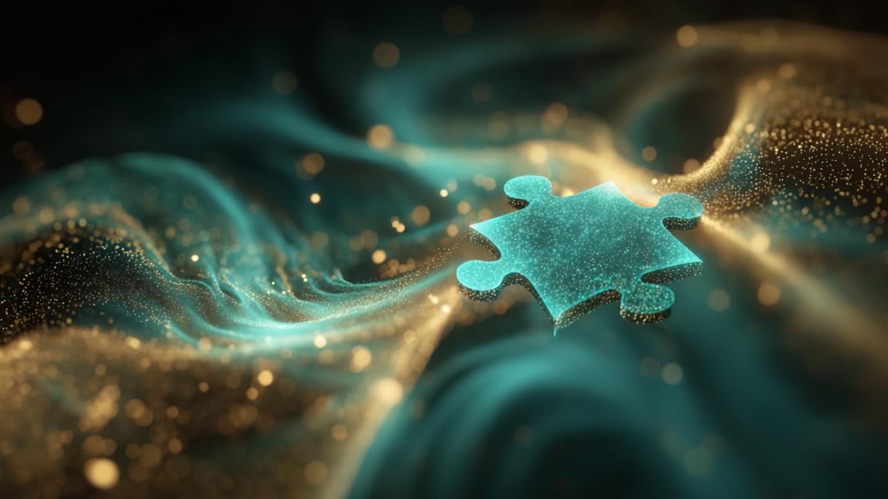 Single shiny puzzle piece floating and slowly rotating amidst a swirling vortex of golden and teal glowing particles. Digital art background representing a solution, strategy or a key concept