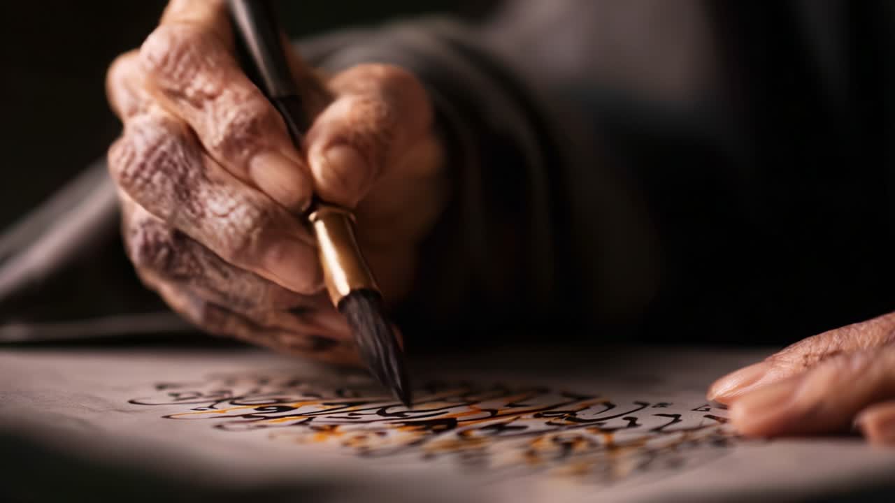 A Close-Up of an Elderly Hand Skillfully Writing with a Brush Pen, Showcasing the Art and Passion of Calligraphy as Intricate Characters Emerge on the Page