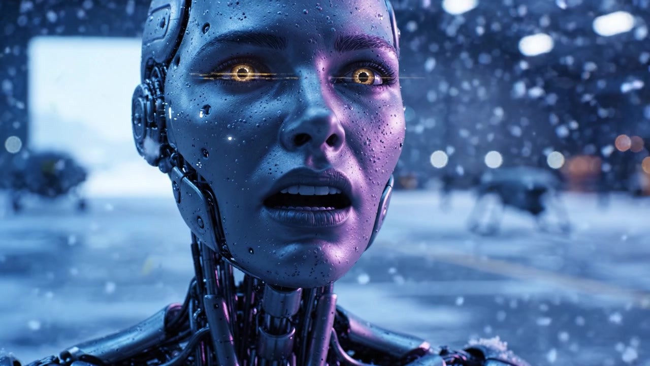 Un robot futuristico con occhi luminosi e intricate caratteristiche metalliche si erge in un ambiente innevato, mostrando tecnologia avanzata ed espressioni simili a quelle umane.