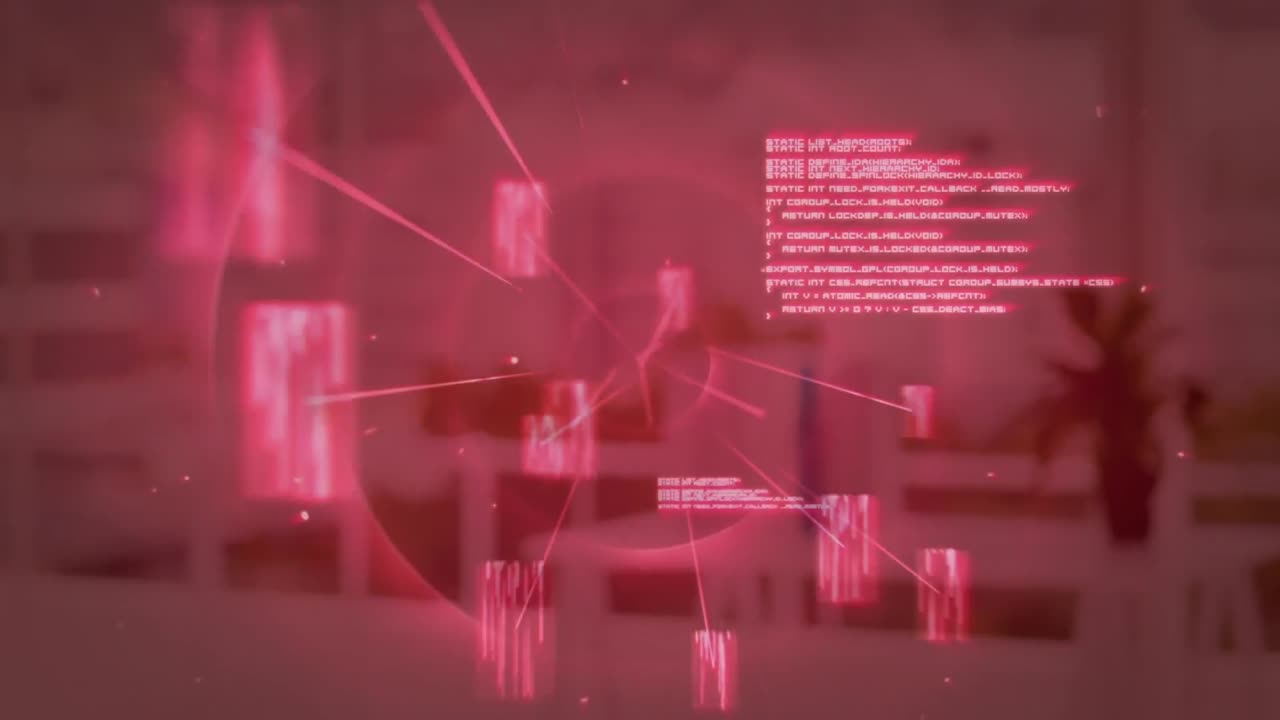 Animation of data with world map and out of focus modern office in the background