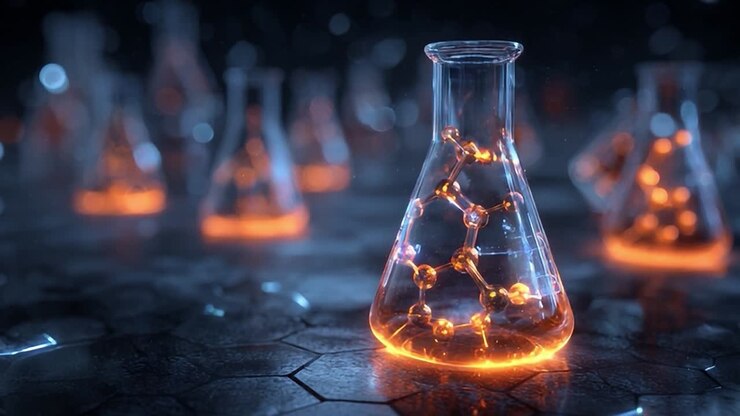 Glowing flasks with molecular structures in a dark lab