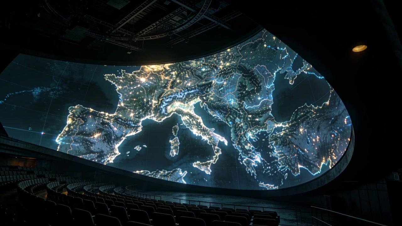 Schermo curvo che proietta una mappa notturna dell'Europa con il sistema che si avvia in un teatro, per la visualizzazione della rete.