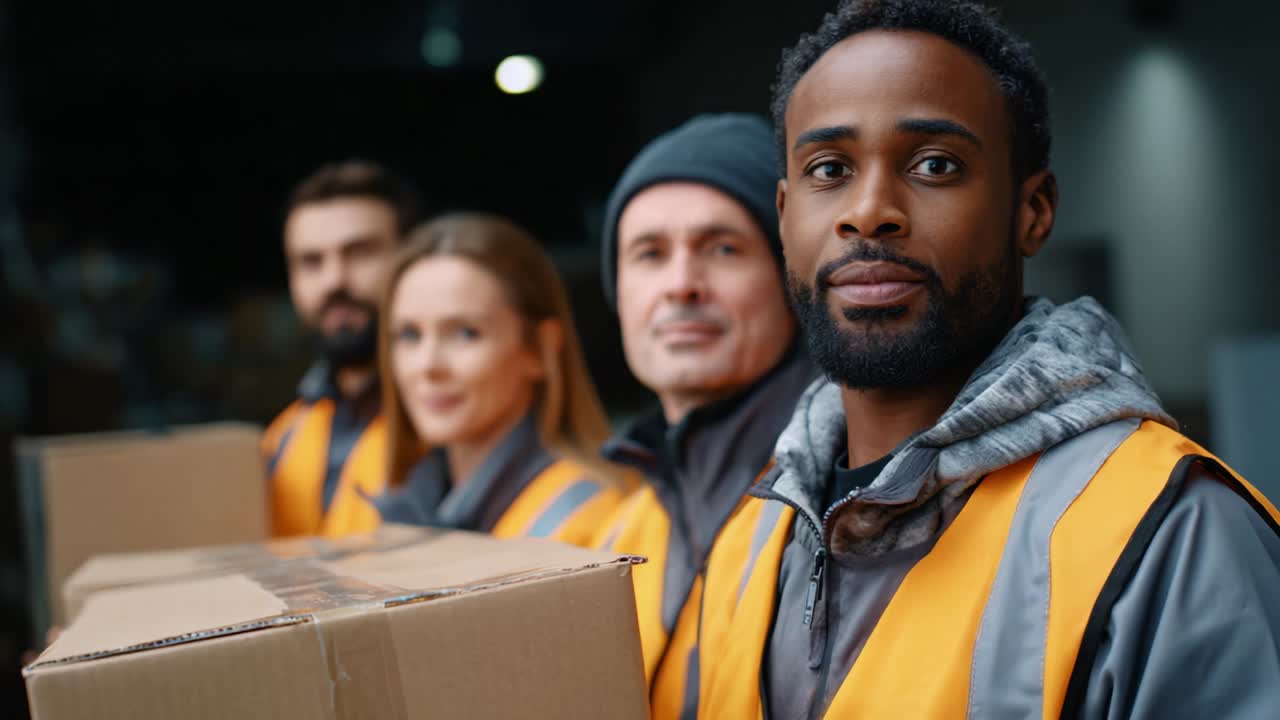Dedicated Team of Warehouse Workers Focused on Their Roles as They Prepare for a Busy Shift, Each Employee Wearing Safety Gear While Carrying Boxes for Efficient Operations in a Warehouse Environment