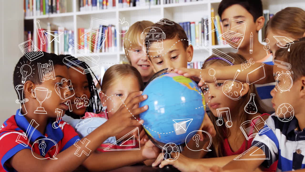 In school, children exploring globe with animation of educational icons overlaying