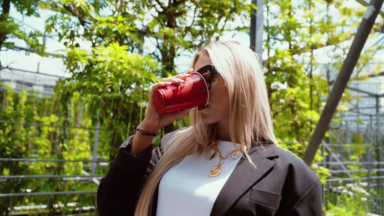 Beautiful young woman drinking from a red cup. Gimbal movement, wide shot