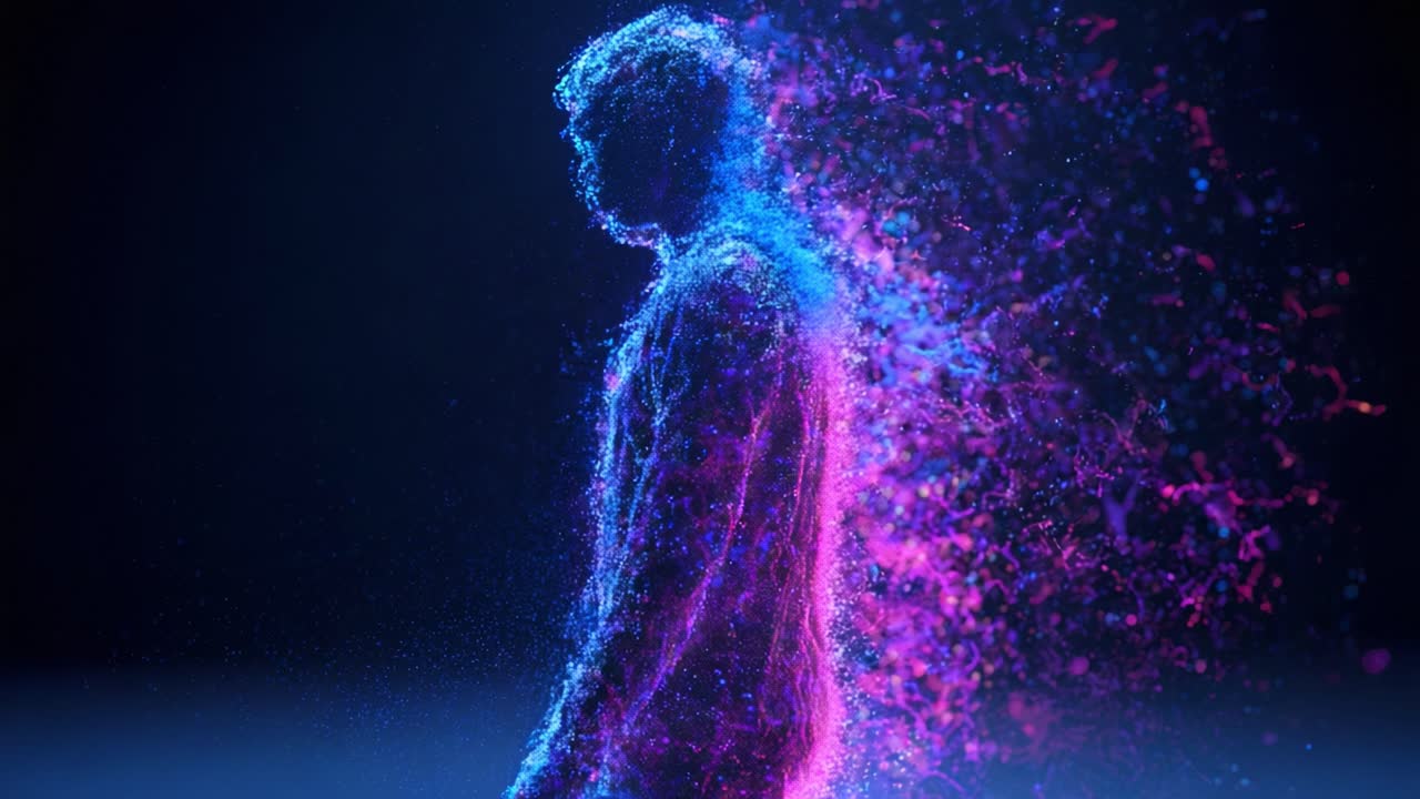 A mesmerizing visual journey through a colorful, ethereal transformation, capturing the essence of a figure as it disperses into vibrant particles of light and energy