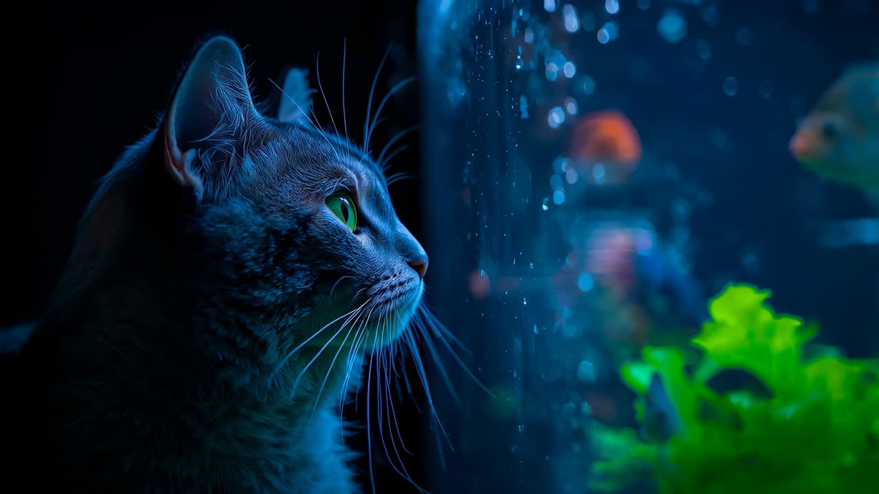 Gatto soriano grigio che reagisce mentre i pesci si avvicinano al vetro, si sporge e segue l'acquario con le bolle che salgono