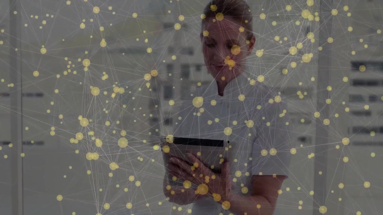 Mature woman tapping tablet screen and updating yellow network nodes for medical data insights