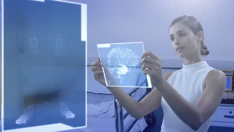 Animation-of-molecules-and-scope-scanning-over-woman-holding-interactive-screen-with-brain