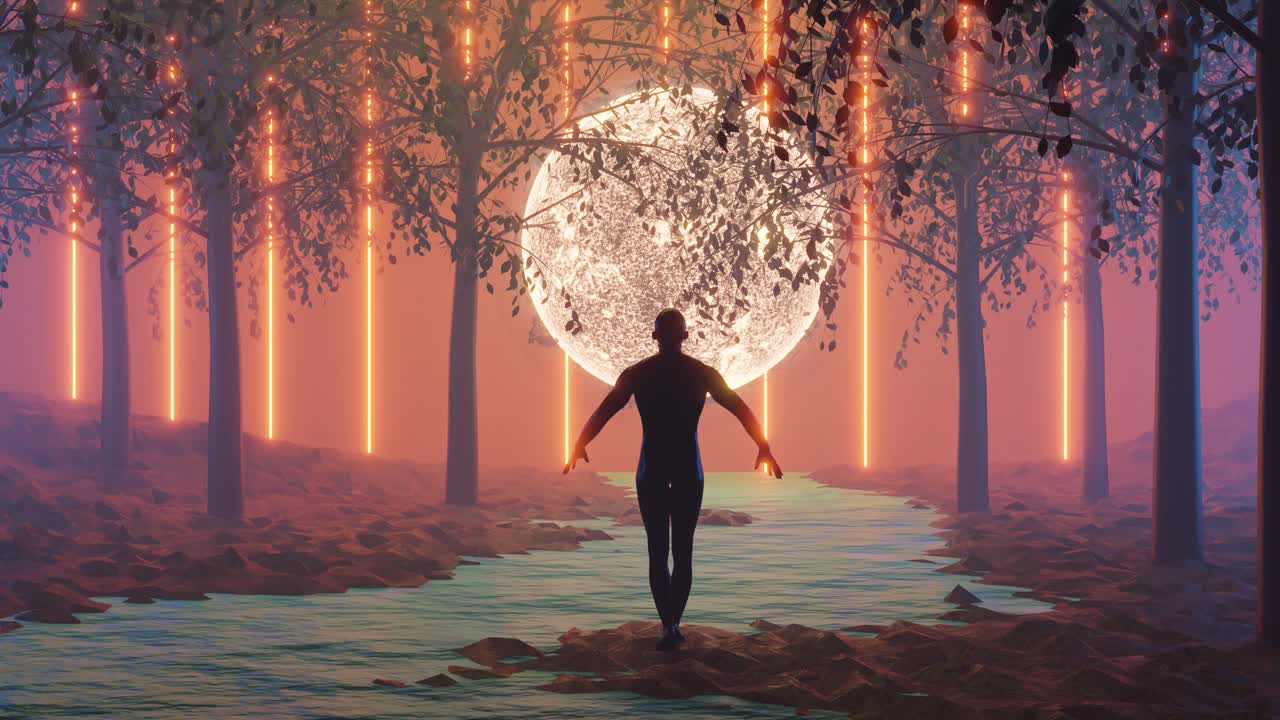 Silhouette figure in a glowing forest path with a large moon