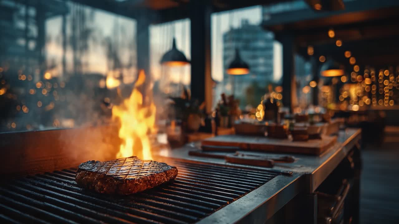 Brutzelndes Steak mit Flammen auf dem Grill in einem stilvollen Restaurant bei Dämmerung, das die Kunst der Kochkunst und die gemütliche Atmosphäre eines Esserlebnisses zeigt