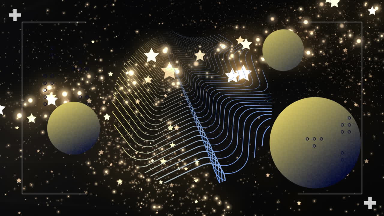 animación de formas multicolores, globos en el visor, destello de la lente voladora contra un fondo negro.