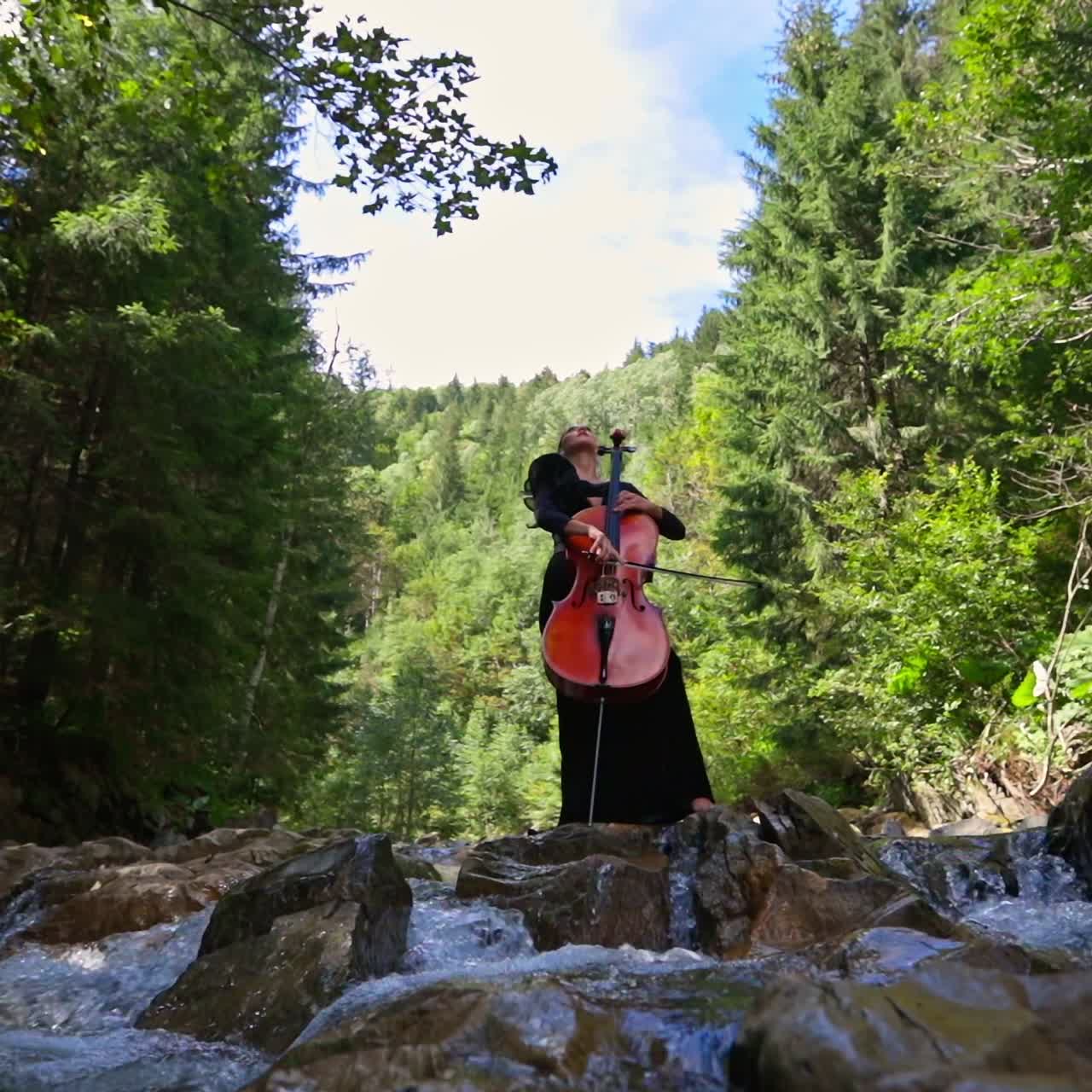 Woman with cello on green nature background. Attractive female cellist playing the musical instrument while stands on stones of shallow river in the forest.