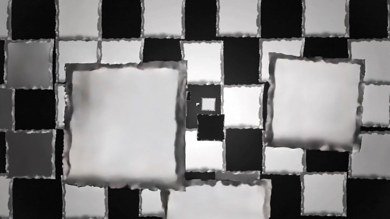 Animation starting, checkerboard shifting soft panels across grayscale grid, revealing central tile