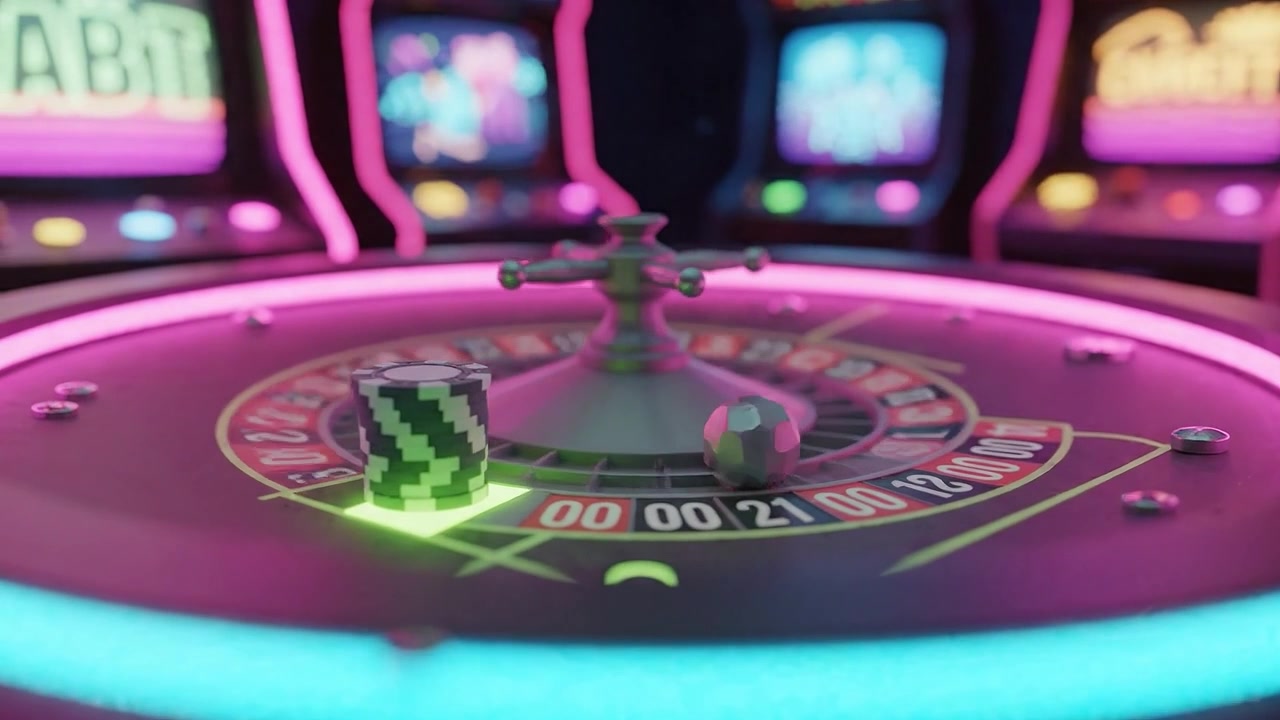 Tavolo da roulette vibrante che mostra fiches colorate e luci al neon in un'emozionante atmosfera da casinò, catturando il brivido del gioco d'azzardo e della fortuna nel gioco dal vivo.